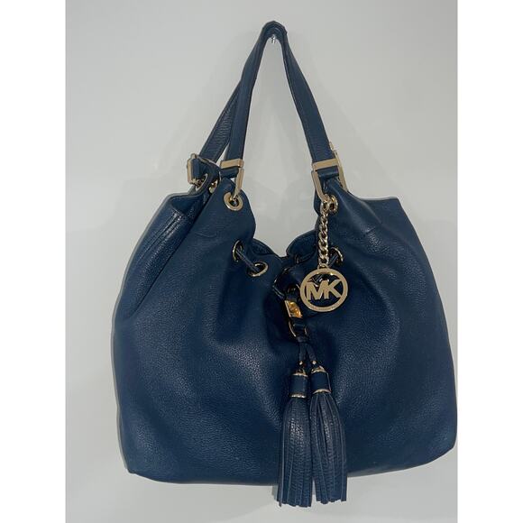 Michael Kors Navy Camden Blue Leather Drawstring Hobo Shoulder Bag Tassel - Picture 1 of 14